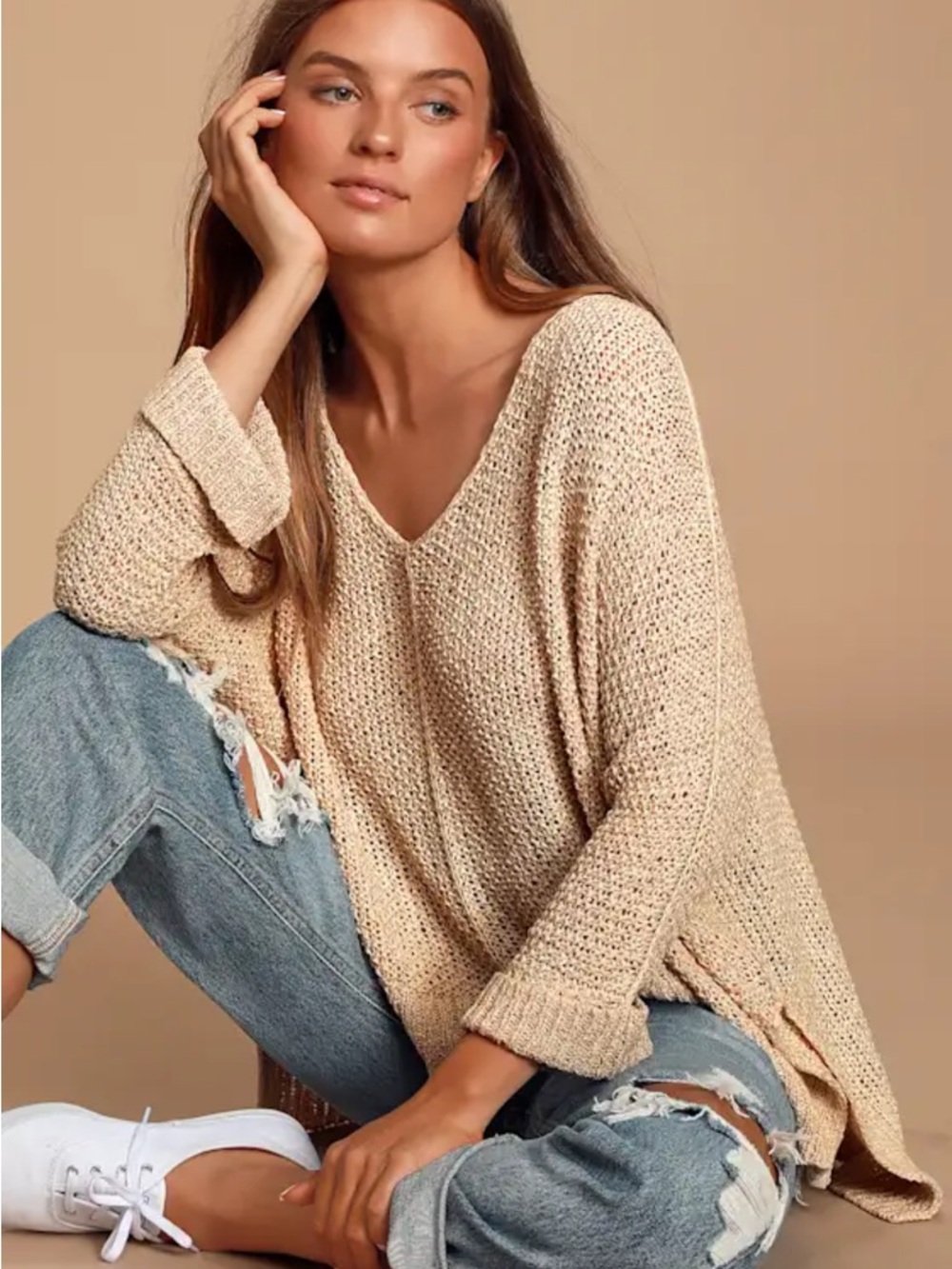 Lulus As If Beige Loose Knit Crochet V-Neck Sweater Sz S
Cottagecore Boho